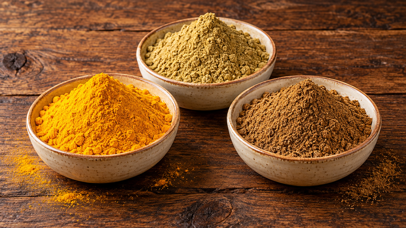 Turmeric powder, coriander powder and cumin seeds arranged in warm-toned bowls